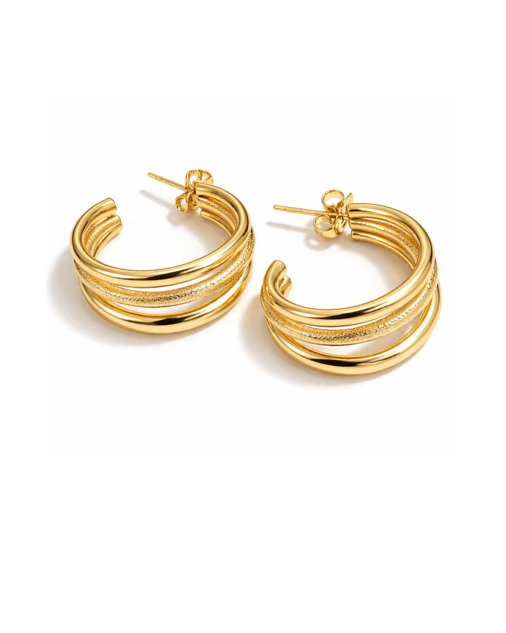 Aretes Argolla Triple Textura Dorada en Rodio AC25