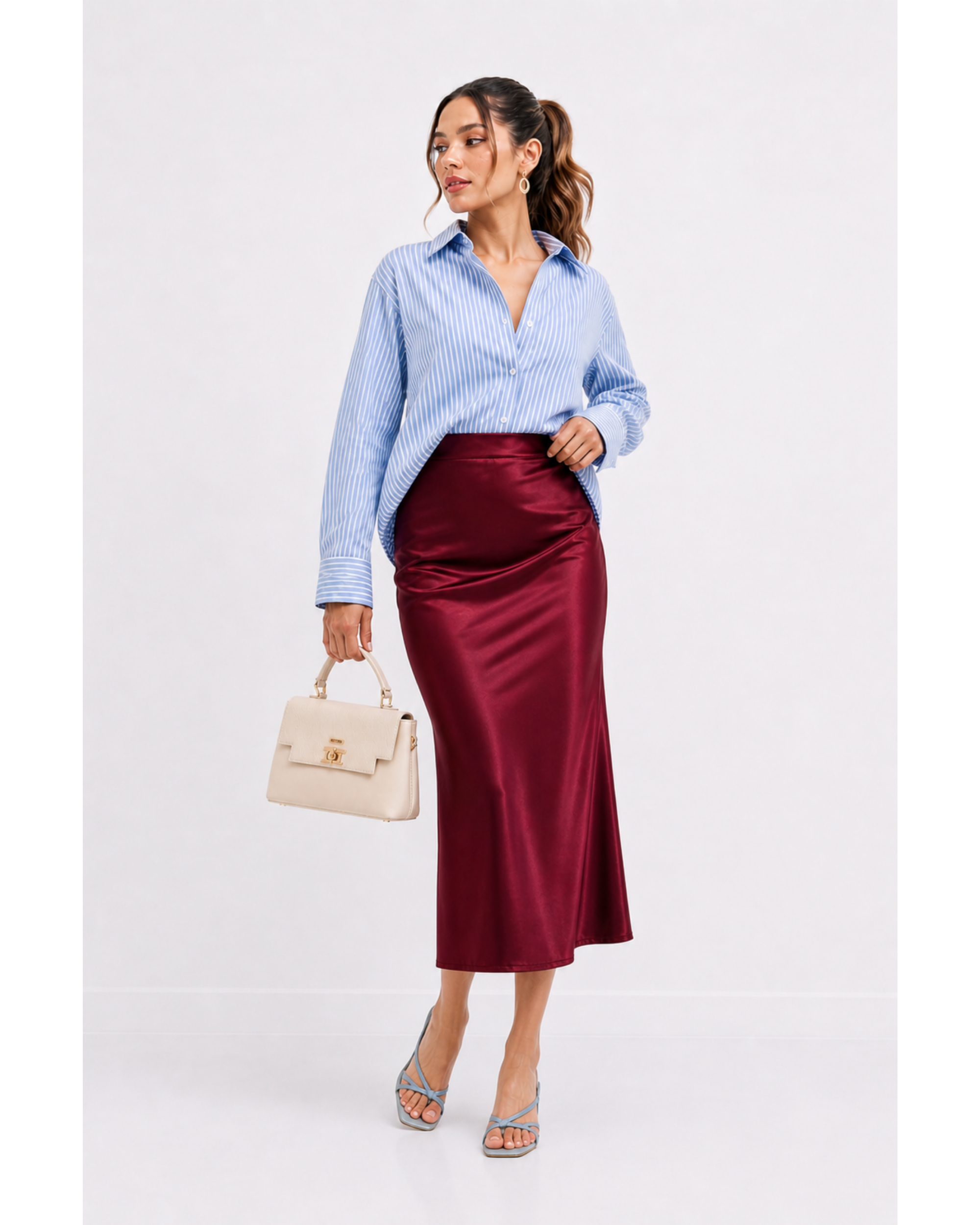 Falda Satinada Midi Élan Bordeaux FL03
