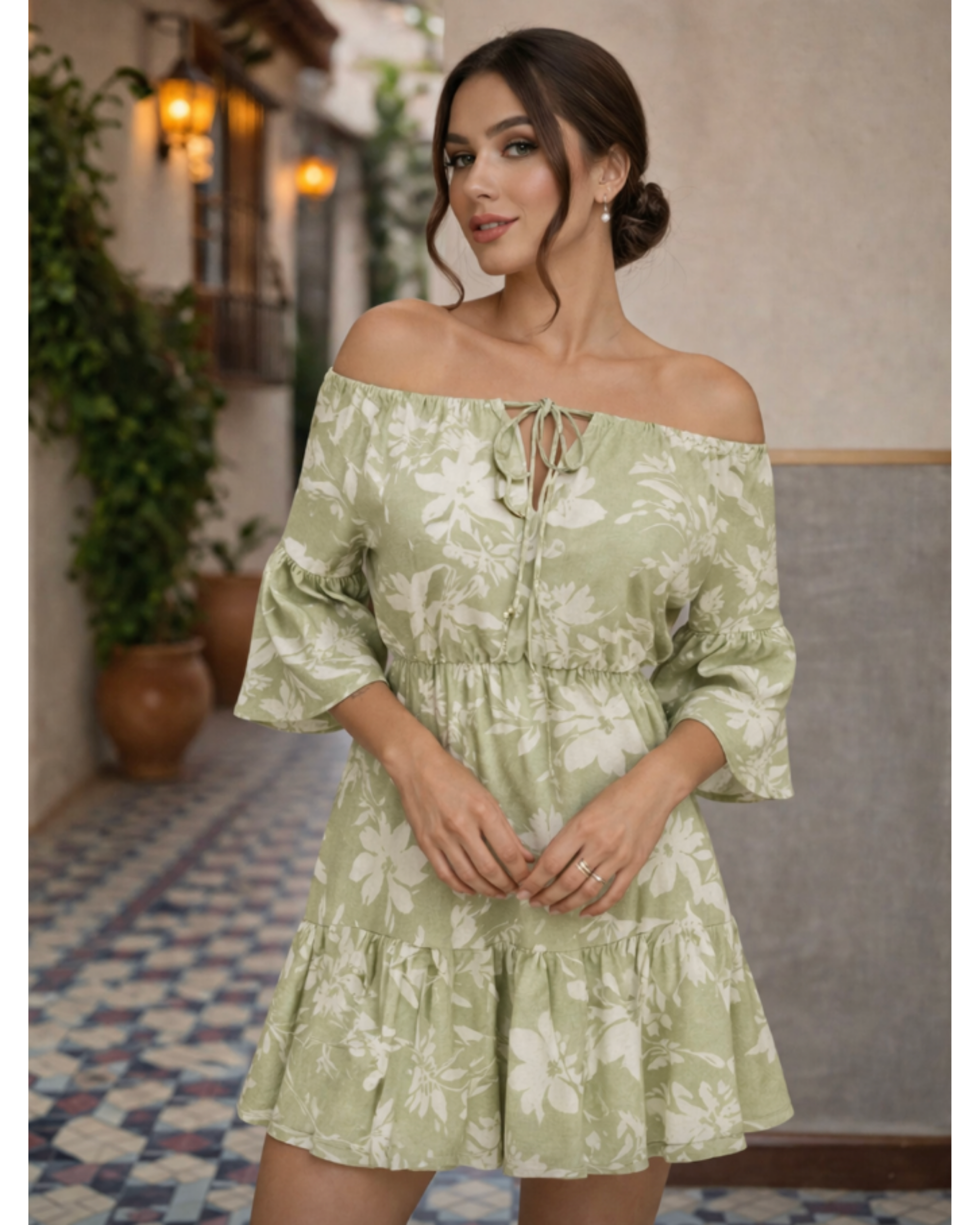 Vestido Mini Floral Verde Oliva